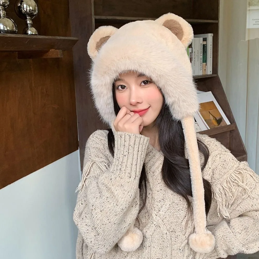 

New Warm Winter Hat Woolen Lacing Bear Ears Hat Velvet Ear Protection Bucket Hat Women