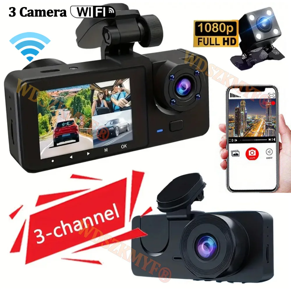 3 canais traço cam para carro 1080p gravador de vídeo com wifi app visão noturna dashcam carro dvr 2 lente frente dentro câmera de visão traseira camera para automóveis，camera carro veicular gravação，câmera veicular