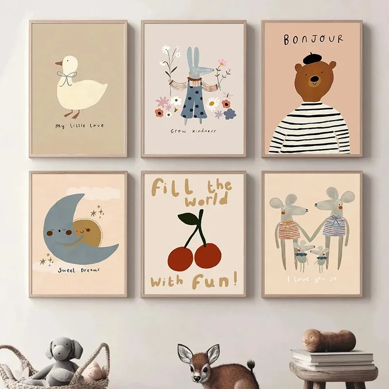 Cartoon Dog Goose Rabbit Bear Mouse Poster Cute Animal Wall  Canvas  Prints Wall  HD Pictures Baby Kids Room Decor