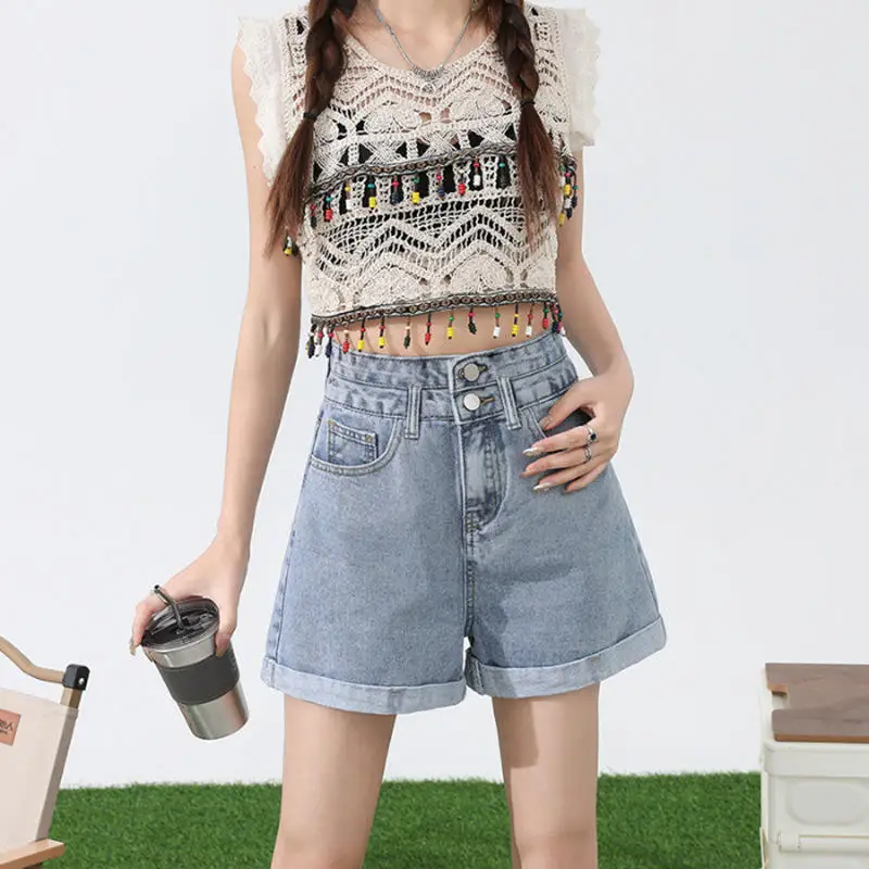 Slimming High Waist Denim Shorts Women's A-Line Loose Double Buckle Wide Leg Short Pants Trendy Spring Summer New Style