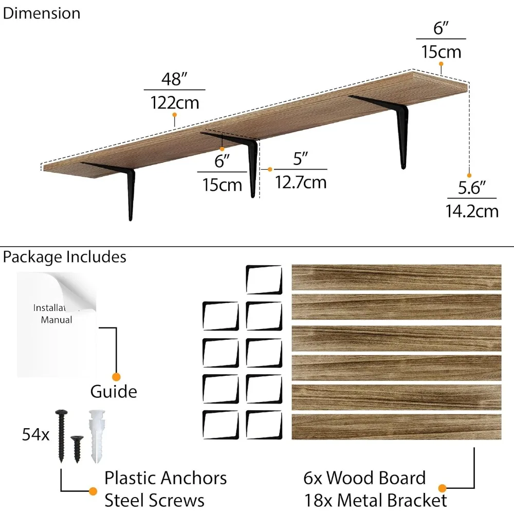 أرفف عائمة ريفية طويلة مقاس 48 بوصة من Arras للجدار، رف كتب حائطي لغرفة المعيشة، رف عائم للمكتب المنزلي، غرفة النوم، Pantr #3