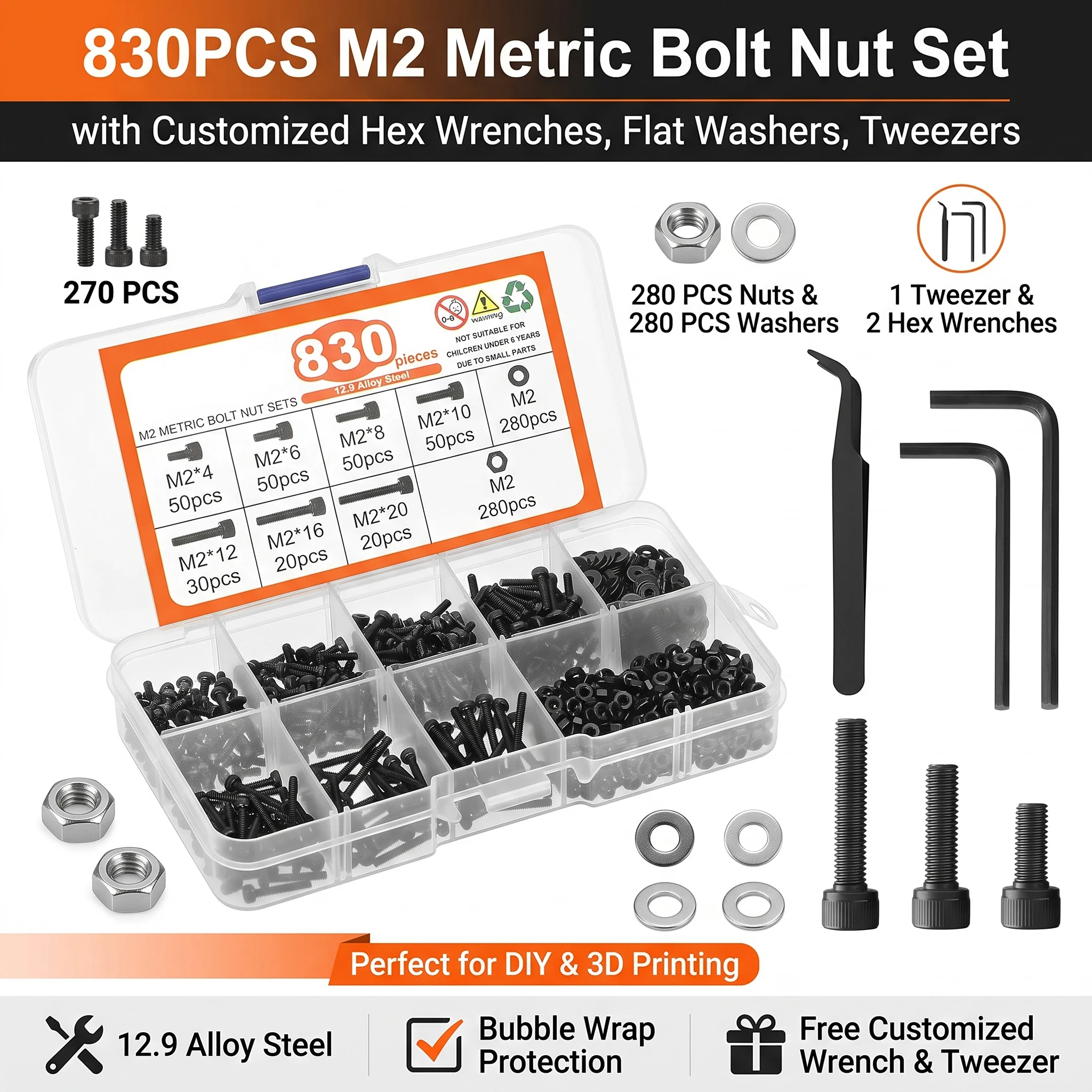 830PCS M2 Socket Head Cap Screws Set, 12.9 Grade Alloy Steel Metric Hex Bolts Nuts and Washers Assortment Kit with Wrench for 3D