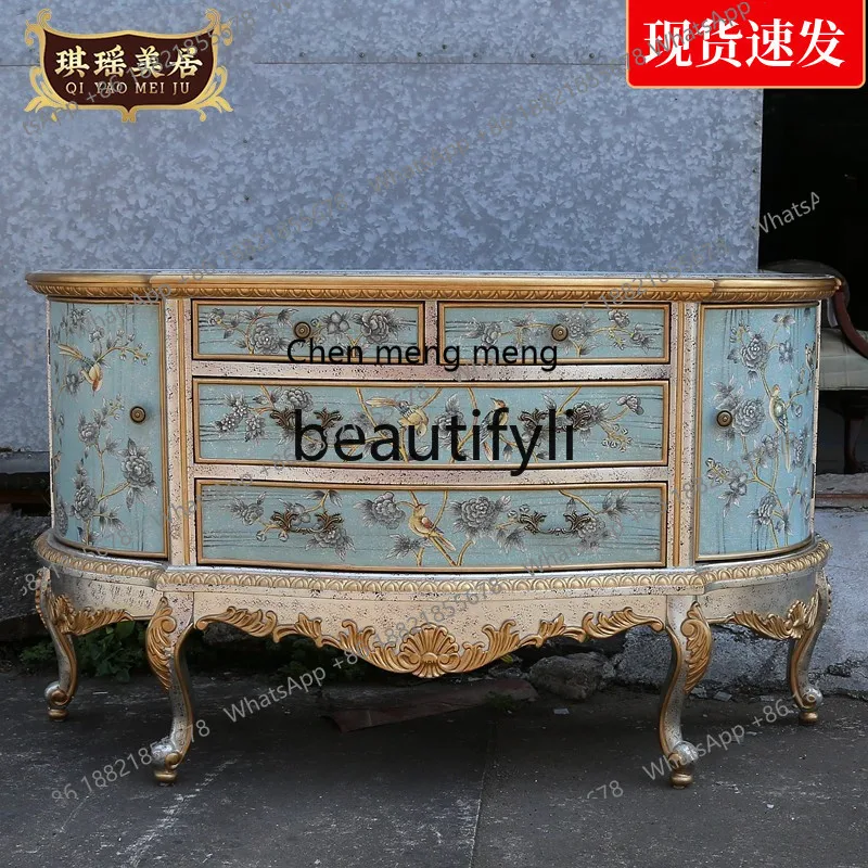 

American solid wood porch cabinet luxury hand-painted flower and bird dining side cabinet living room decorative TV cabinet