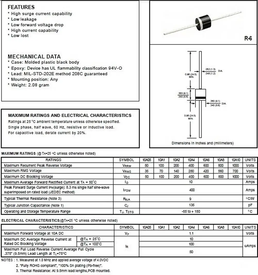 5pcs Fr607 6a 1000v R-6 Fast Recovery Diode