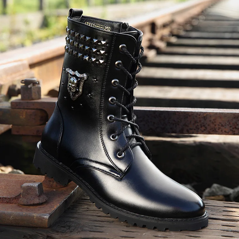 Autumn and Winter Motorcycle Riding Boots Leather Boots High-top Men's Shoes Fashion Ankle Boots Men's Rivet Motorcycle Boots