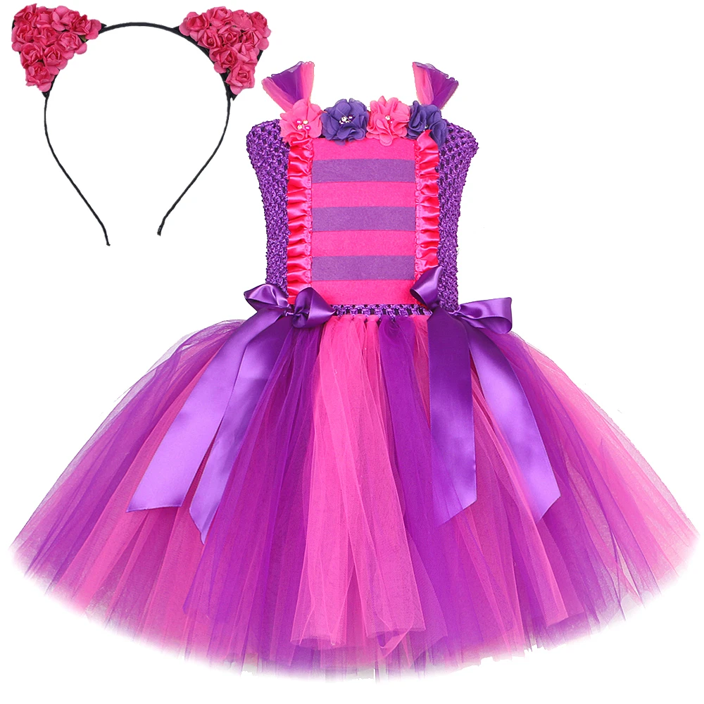 Alice Cheshiro Cat Costumes for Girls Purple Hot Pink Kitty Ballet Tutus Outfit Kids Birthday Halloween Dresses Animal Clothes