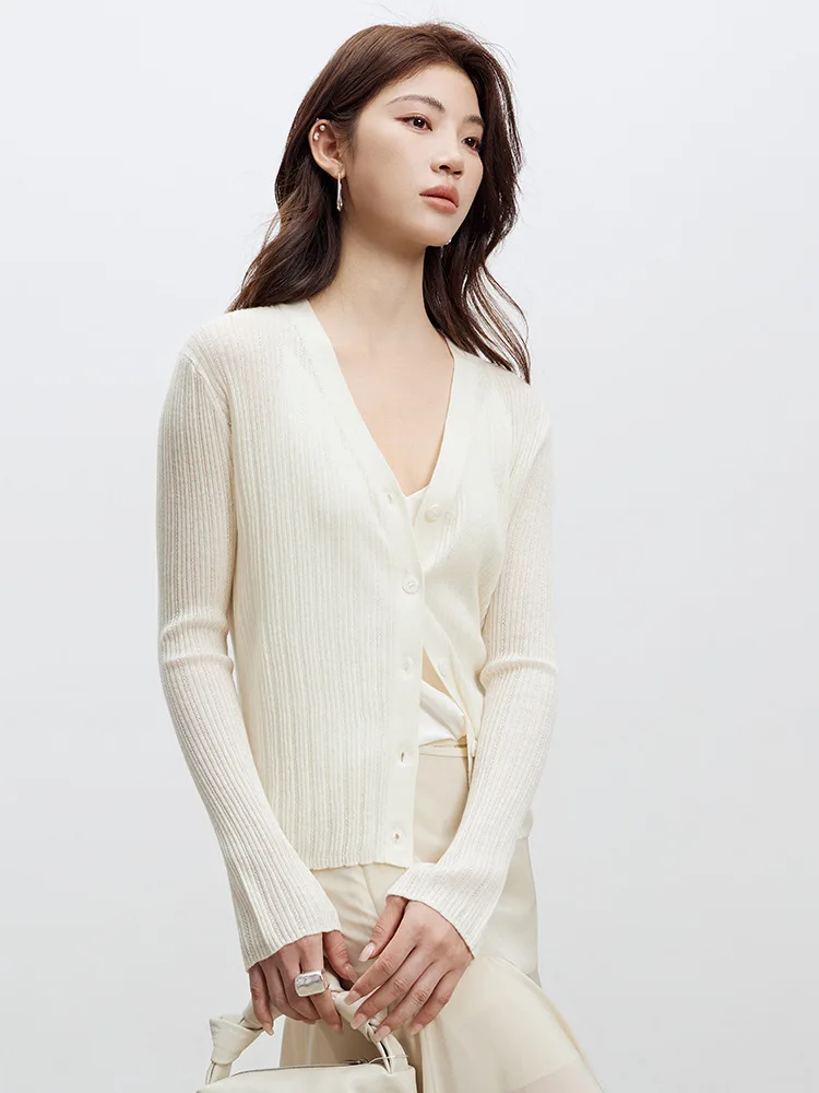 Birdtree 32.4% Sheep Wool 30.1% Acrylic Hollow Cardigan,Woman V-neck Autumn Full Sleeve Single Breasted Knit Coat Top T58510JF