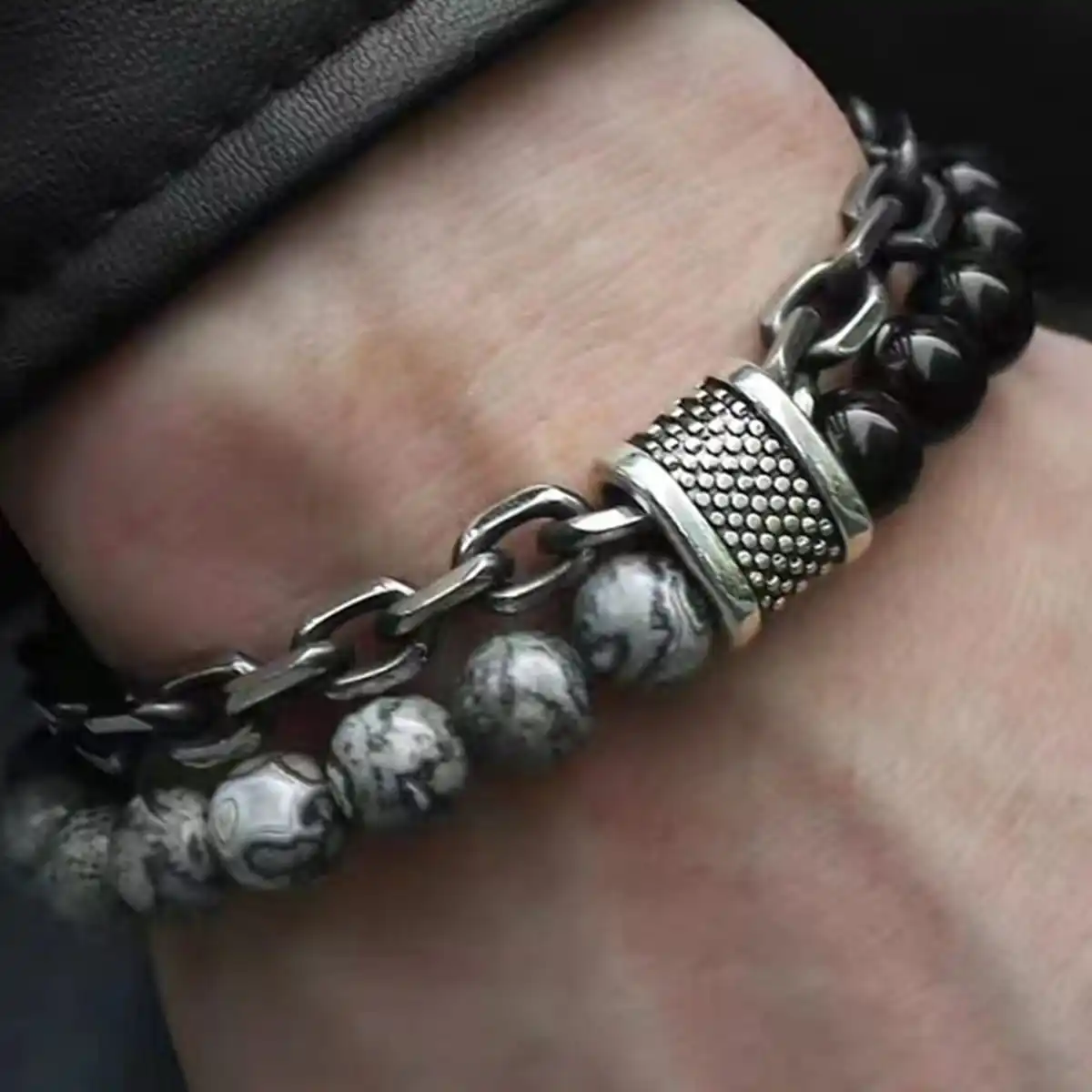 1 Piece Punk Simple Temperament Black Beaded Chain with Natural Stone Beaded Chain Bracelets MEN'S FASHION Items Holiday Travel image 5