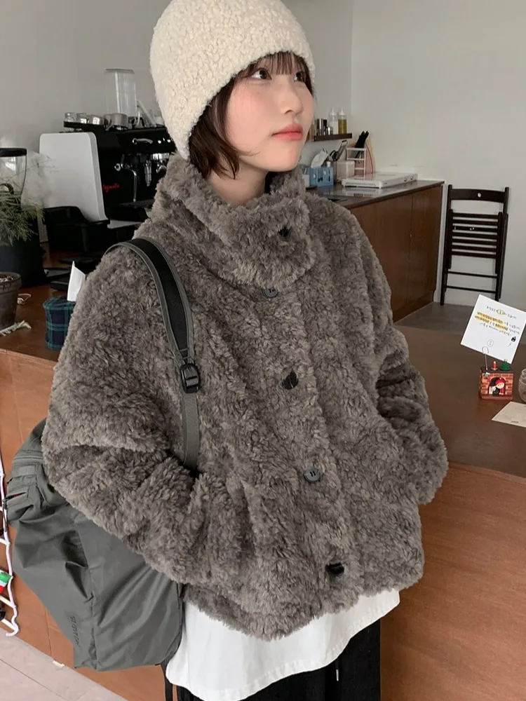 

Korean Sle Stand Collar ort Lamb Fur Warmth Outerwear Women's Winter Fluffy Cotton Coat Warm And Faionable Jaet