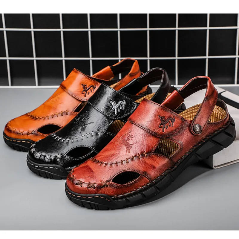 

Летняя обувь 2024, мужские большие сандалии, пляжные сандалии из натуральной кожи, нескользящие мужские тапочки двойного назначения на плоской подошве из натуральной кожи