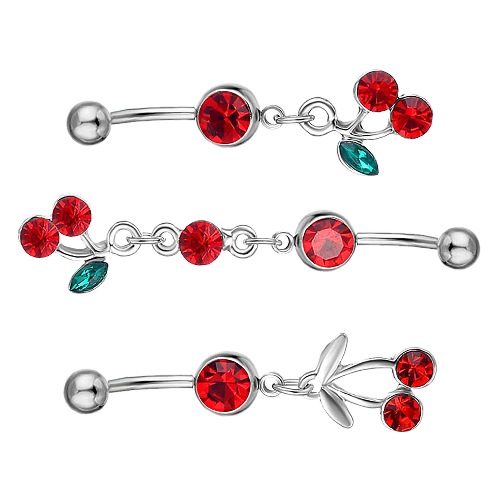 3 Pcs Fruit Cherry Navel Ring The Belly Piercing Stainless Steel Rhinestone Miss Jewelry