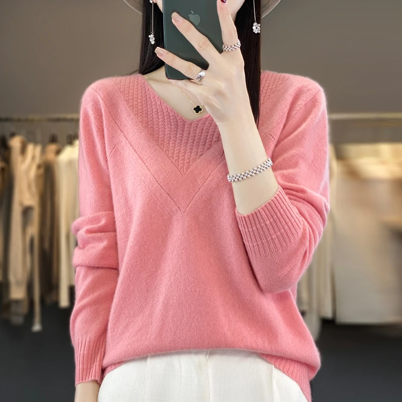 100% Merino wool pullover spring and fall new cashmere sweater women's V-neck pullover warm bottom knit shirt top