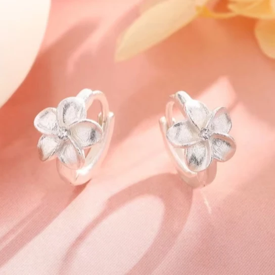 Boucles d'oreilles créoles en argent regardé 925 pour femme, bijoux fins, accessoires minimalistes, breloque, plante romantique, mini fleur