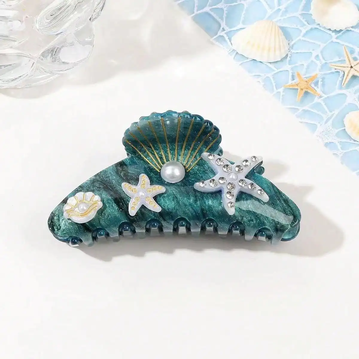 1pc ocean style hair clip with rhinestones and imitation pearls - Bohemian sweet oval hair clip,