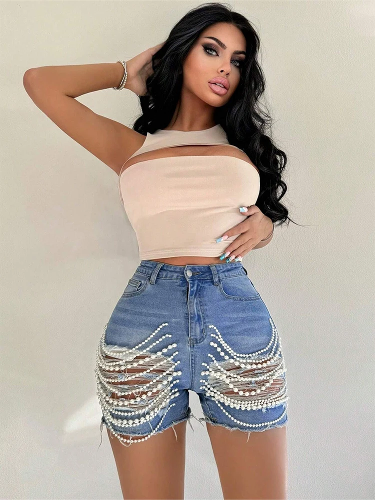 Women\'s Sexy Pearl Tassel Hot Shorts High Waist Denim Jeans Shorts for Women Holes Sexy Skinny Pockets Summer Fashion Shorts 202