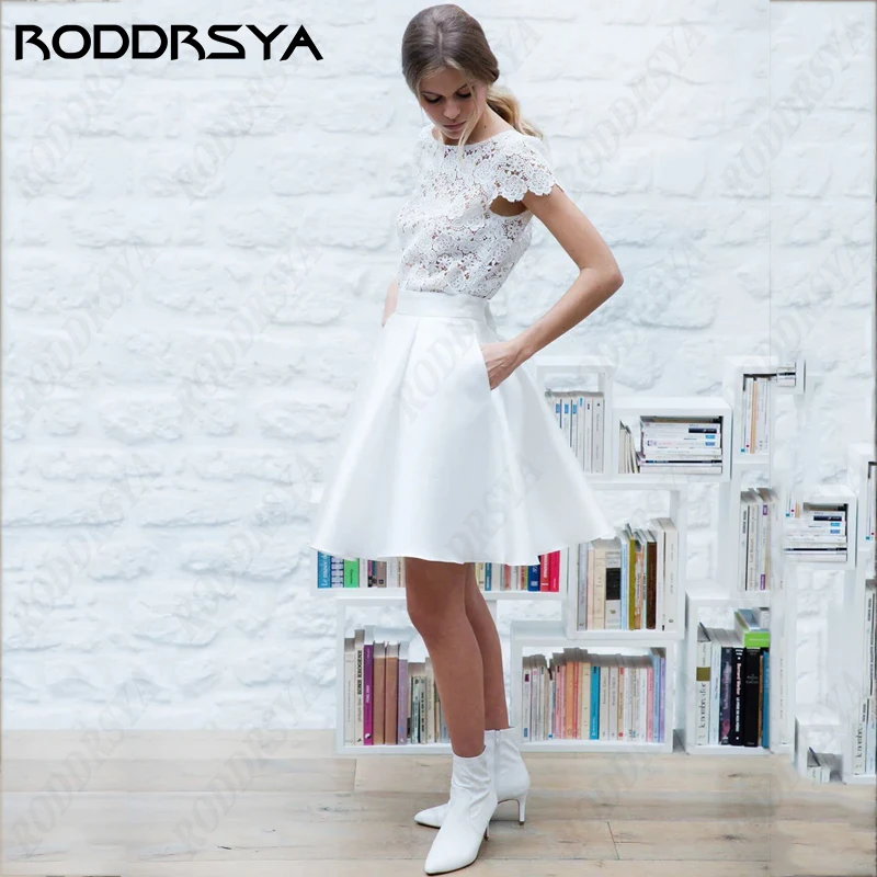 RODDRSYA-Vestido De novia De dos piezas con manga De casquillo para mujer, Vestido De novia con flores, bolsillo Insertable, fiesta nupcial, Retro, cuello redondo Vestido De novia De dos piezas con manga De casquillo p