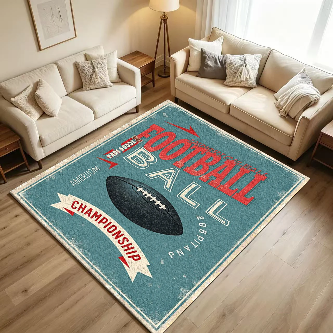 Vintage American Football Sports Carpet Flooring, Retro Rugby Championship Print Non-Slip Floor Rug for Game Room Home Decor