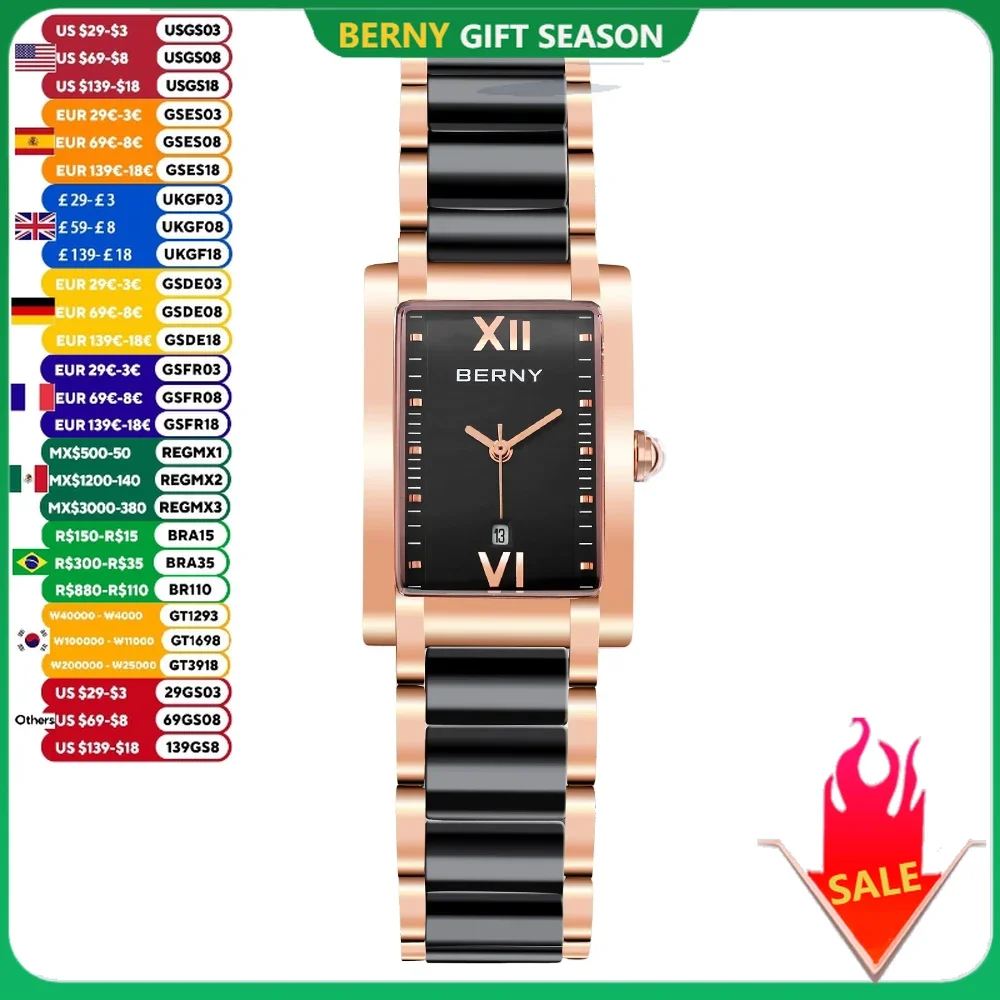 Relojes BERNY para mujer, calendario rectangular, reloj de cerámica informal de lujo a la moda para mujer, elegante reloj de pulsera de cuarzo