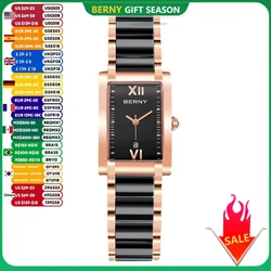 Relojes BERNY para mujer, calendario rectangular, reloj de cerámica informal de lujo a la moda para mujer, elegante reloj de pulsera de cuarzo resistente al agua