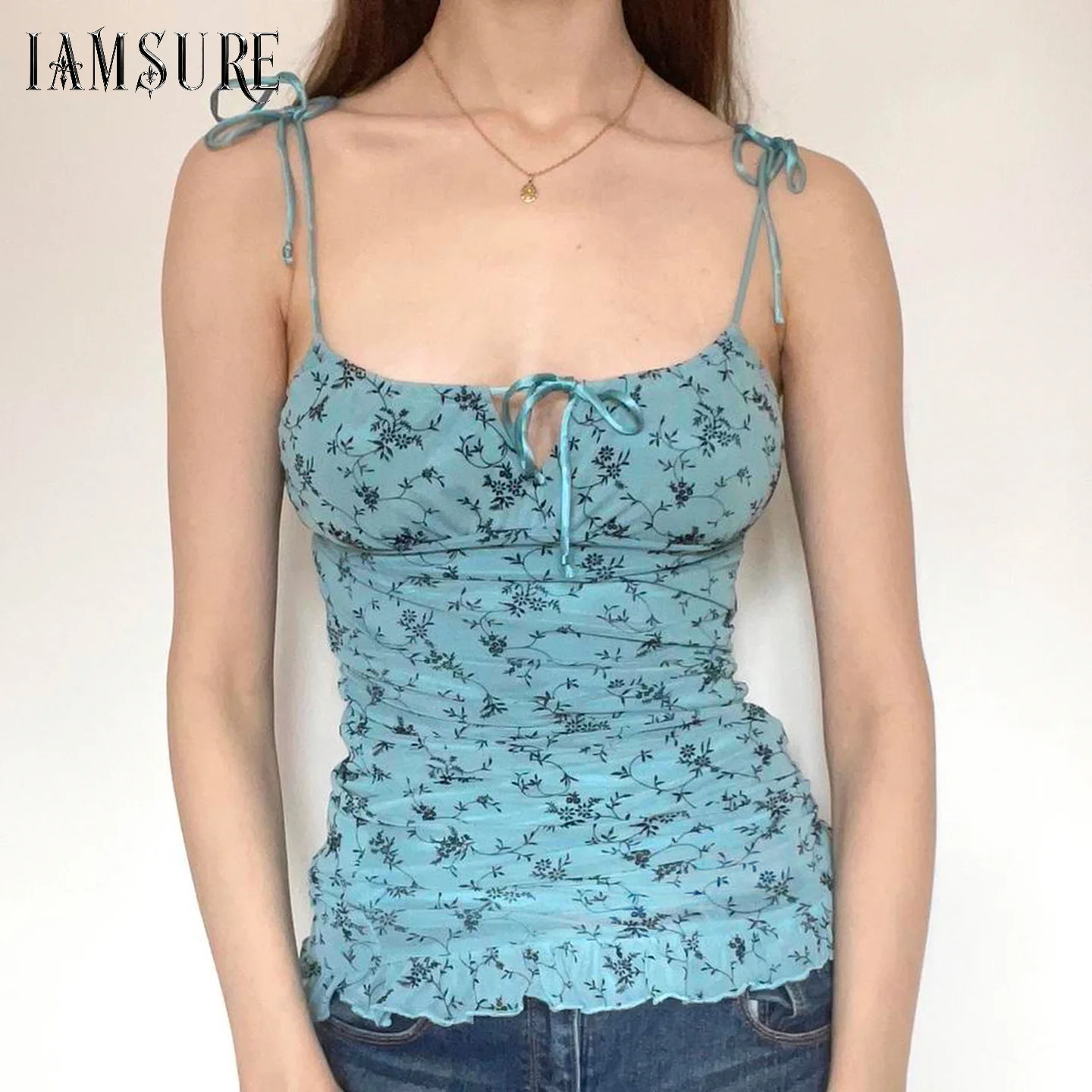 Vintage Floral Print With Lace-up Patchwork Ruffle Mesh Camisole Women's Summer Vacation Fashion Slimming Mini Tops 2026 Trend
