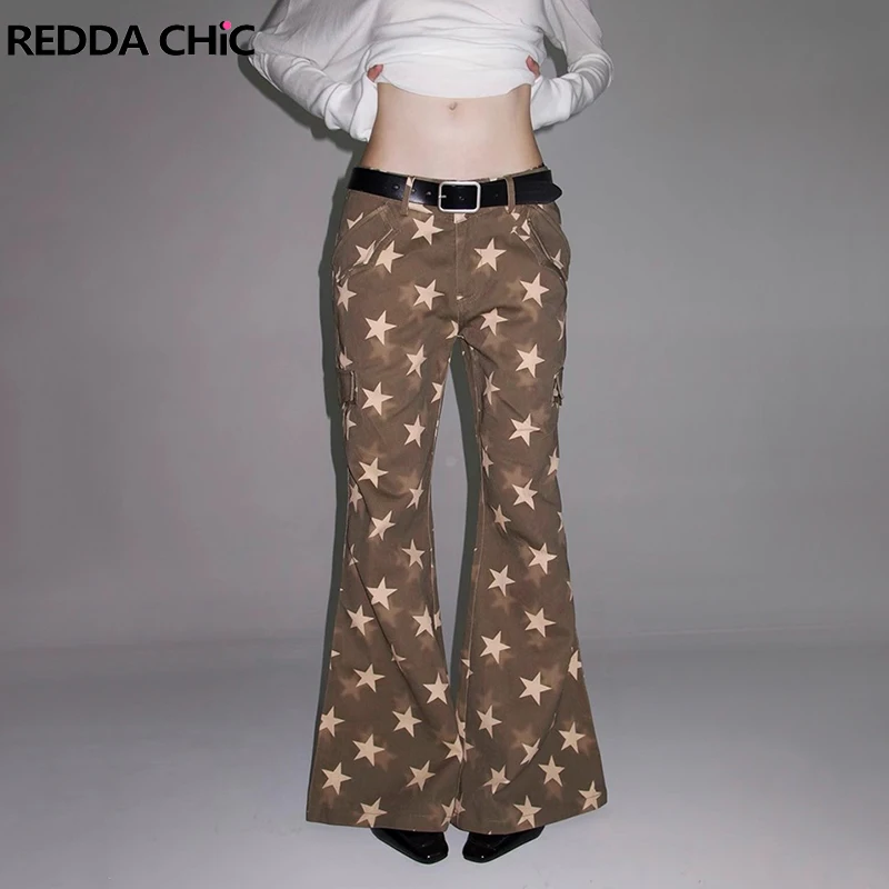 

REDDACHiC Y2k Star Print Brown Jeans 90s Retro Dual-button Low Rise Loose Fit Bootcut Pockets Cargo Pants Grayu Women Streetwear