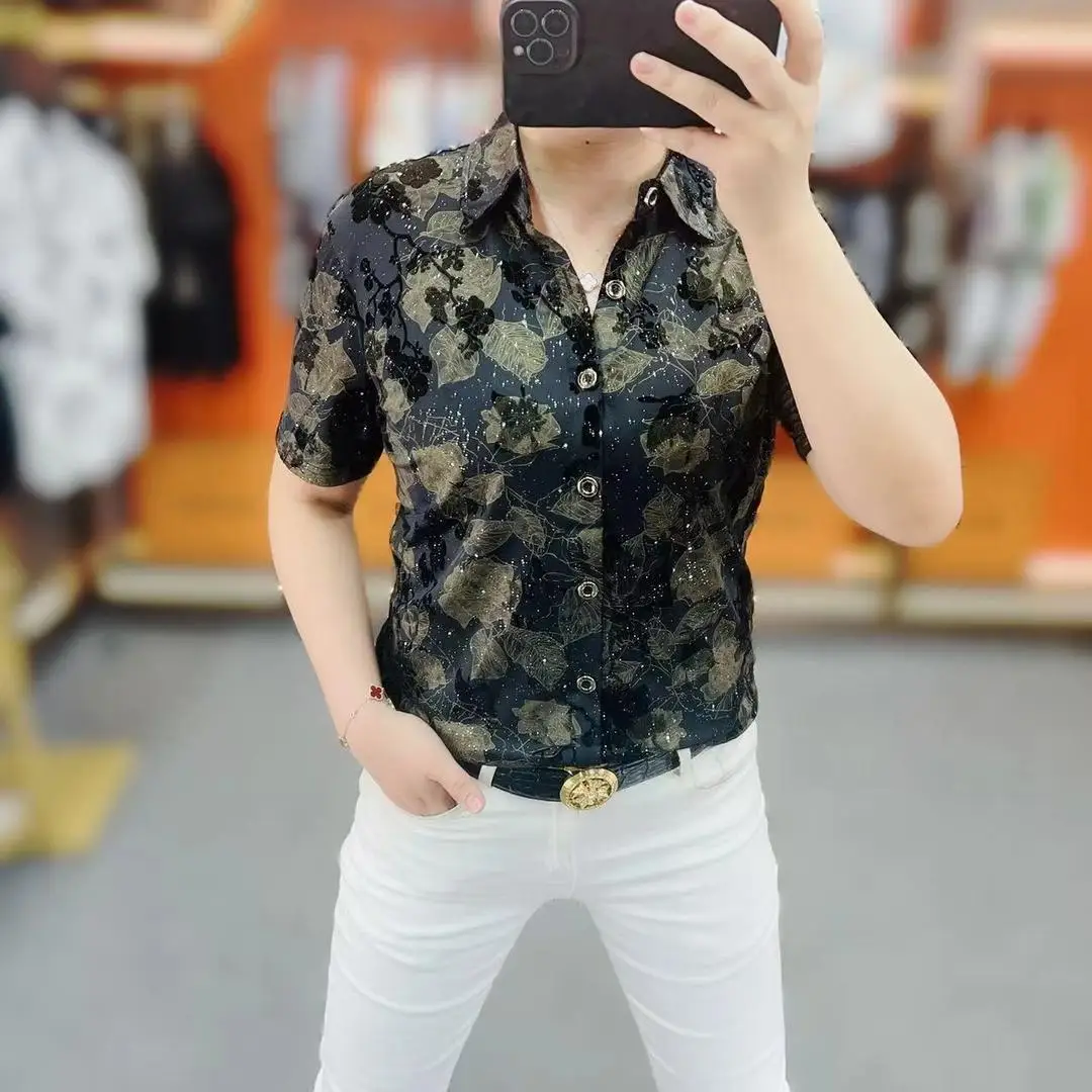 

Men's Faionable Slim Fit irt Summer New Sle Luxury European Version Turn-down Collar ular Internet Celebri Burstin...