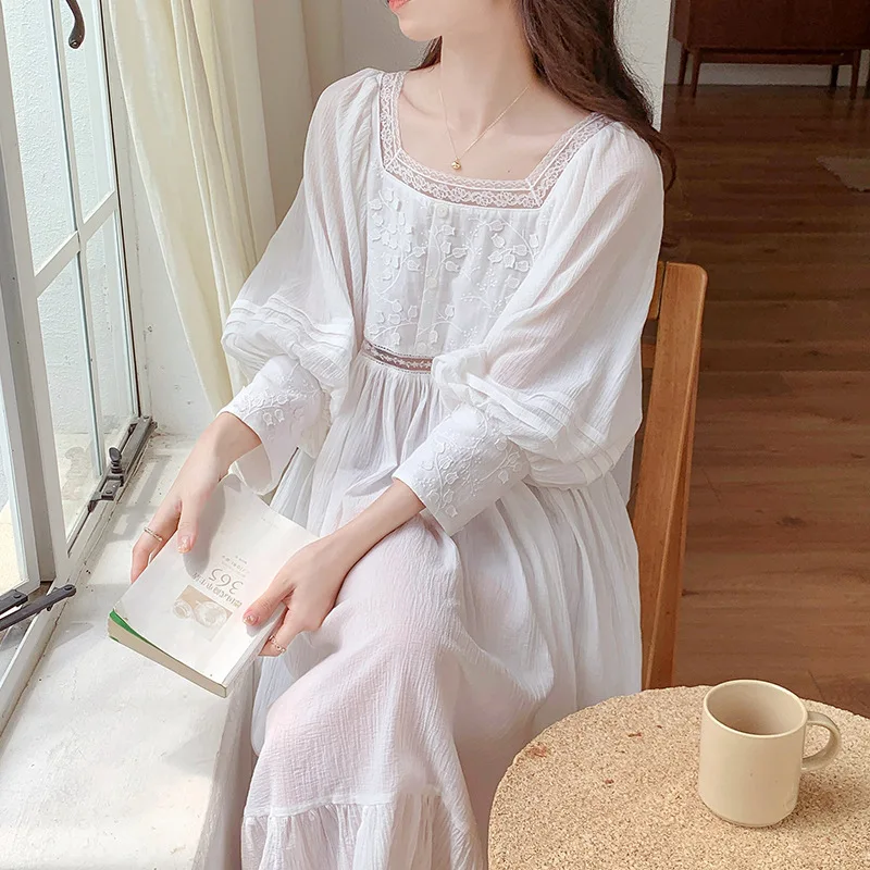 Fairy White Long Night Dress Spring Autumn Robe Cotton Nightdress Princess Sleepwear Nightwear Vintage Square Collar Nightgown