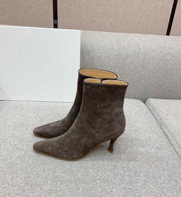 2024 Spring Ankle Short Boots Chic Fashion Side Zip Cow Suede Genuine Leather All Match Elegant Fashion Thin Heel Nude Bota