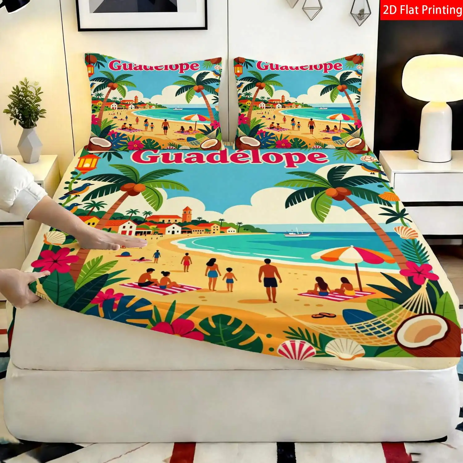 3-Piece Mattress Protector Set, Flat Printed Fitted Sheet, Tropical Style, Beach-Themed Bedding, Blue and Yellow Color Scheme, Palm Trees and Coconut Flowers, Machine Washable Bed Cover, 2D Flat Printed Mattress Protector, Stain-Resistant, Cozy Mattress Cover, Suitable for All Seasons, Machine Washable and Easy to Care For, Suitable for Home Bedrooms, Essential for Dorms and Rentals, Master Bedroom and Guest Room Decoration, Dust-Proof and Stain-Resistant, High Elasticity, Fits Various Sizes