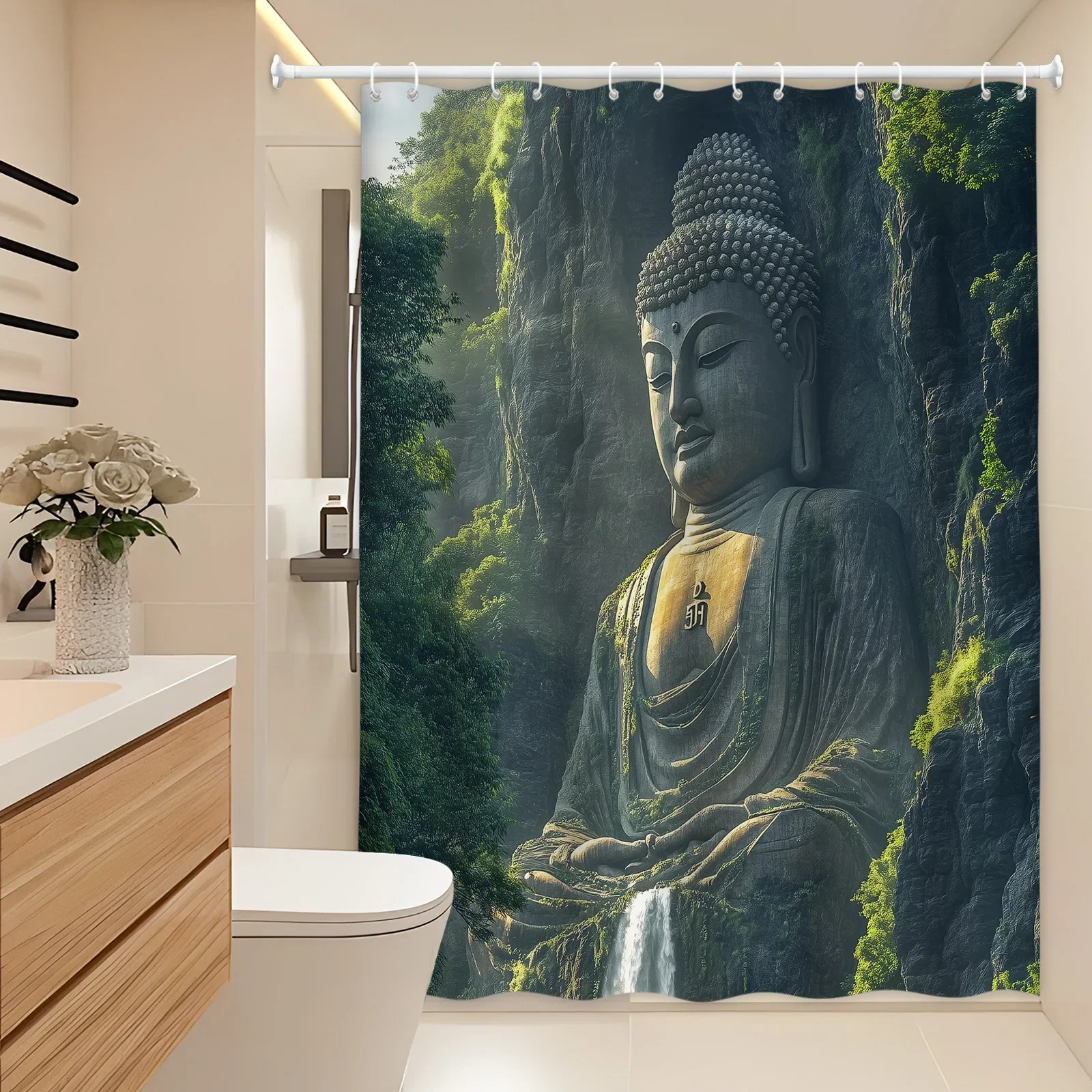~O~Tranquil Buddha Shower Curtain - Majestic Statue at Mount Emei, Polyester, Woven, Serene Scene with Trees & Waterfall