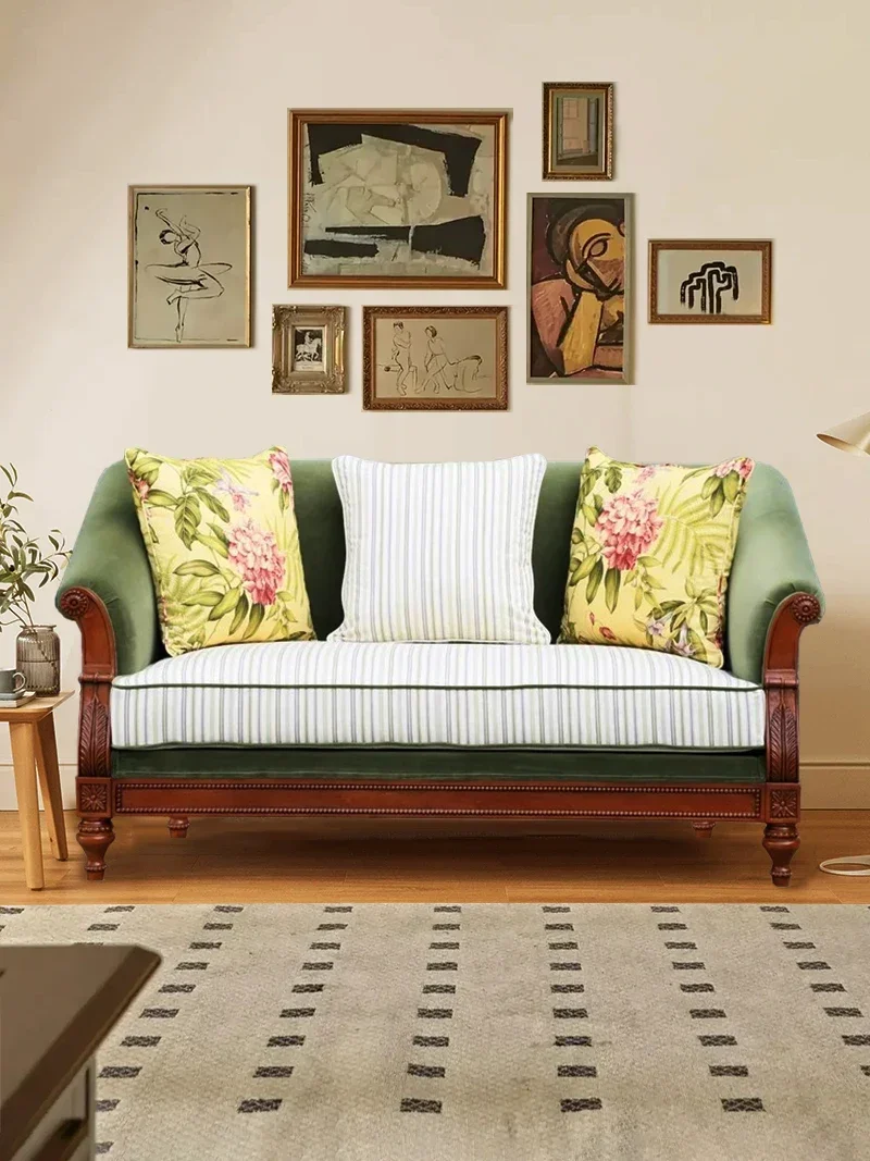 

American retro solid wood sofa fabric small apartment living room sofa combination