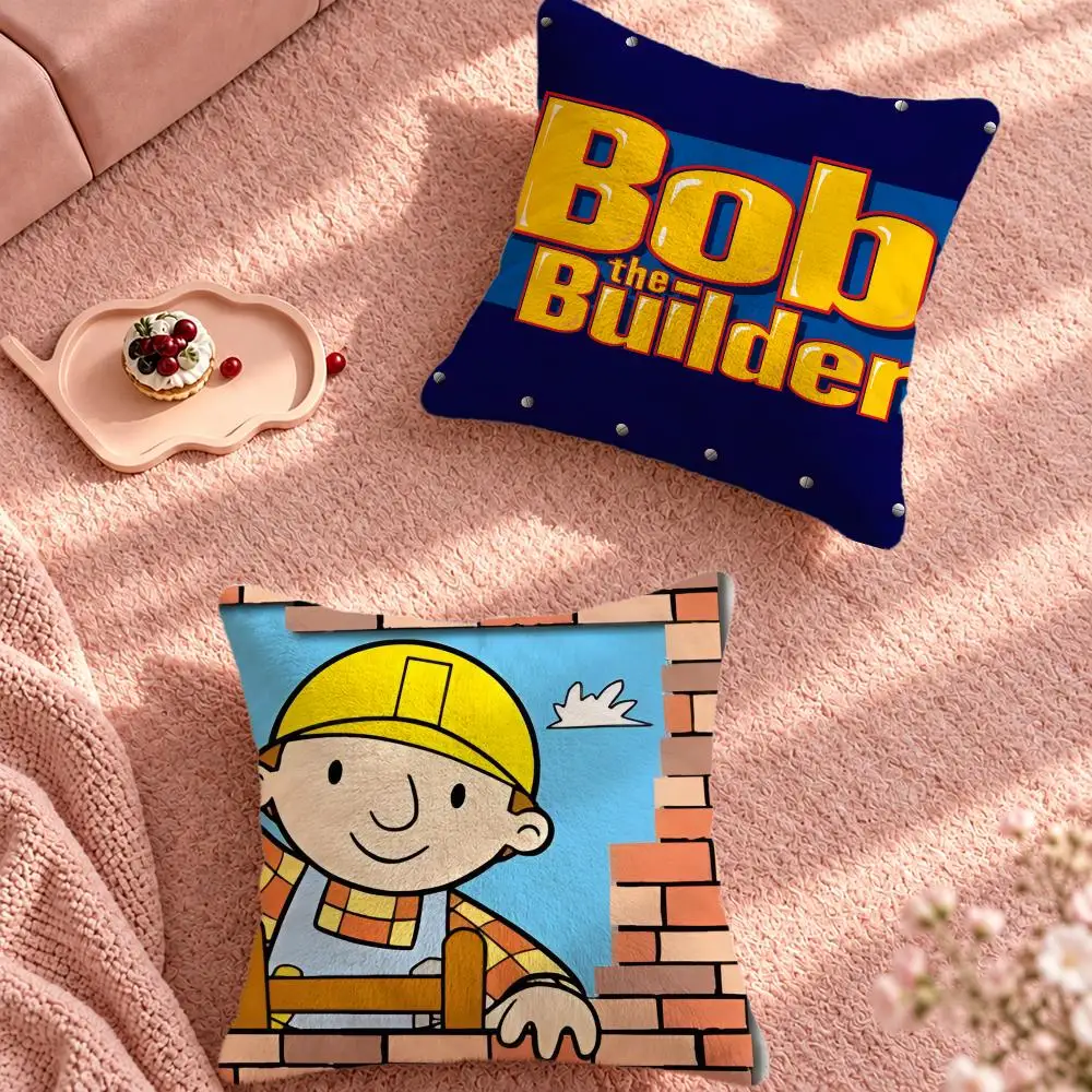 Cartoon Kids Bob the Builder Cushion Cover Cute Cartoon Throw Pillow Cover Soft Plush Cushion Cover Sofa Bedroom Home Decor