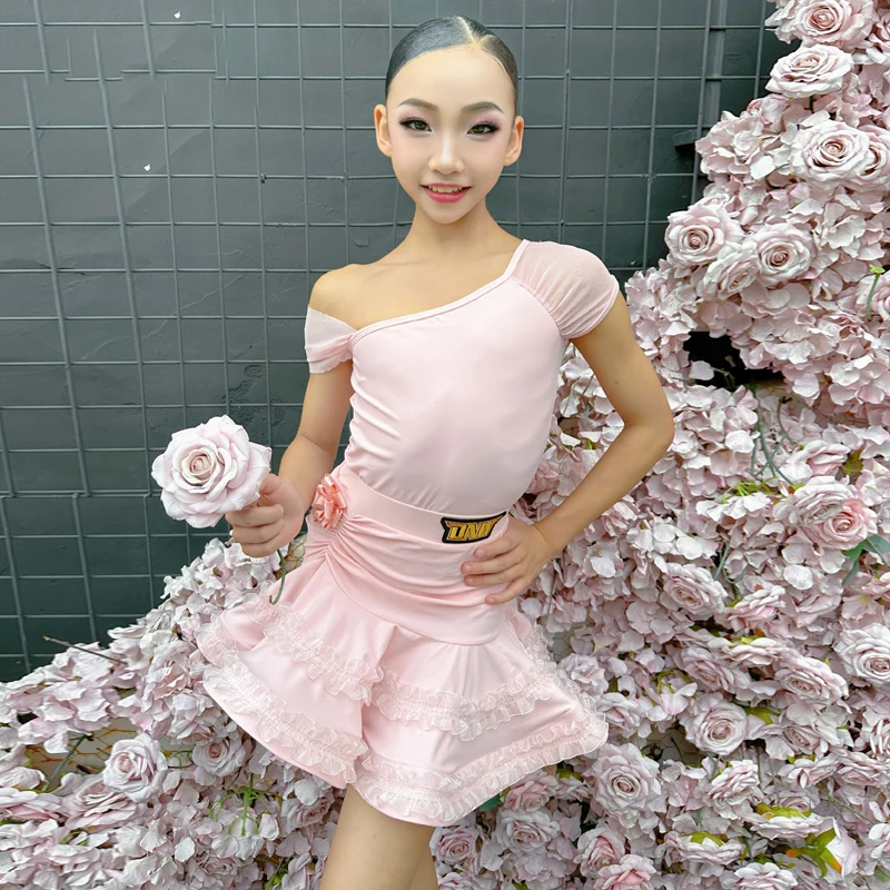 

Children Pink Sleeveless Tango Waltz Dance Costume Girls National Standard Latin Dance Competition Costume Stage Wear VBH1706
