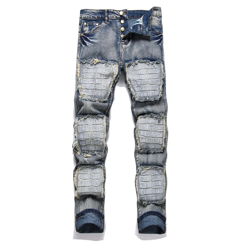 

Mcikkny Men Punk Style Hip Hop Jeans Pants With Patches Streetwear Printed Denim Trousers Slim Fit