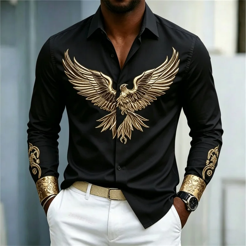 Men's Shirt Long Sleeve Spring Autumn Noble Golden Eagle Totem Ornate Cuff Print Lapel Button‑Up Street Business Top Men Clothes