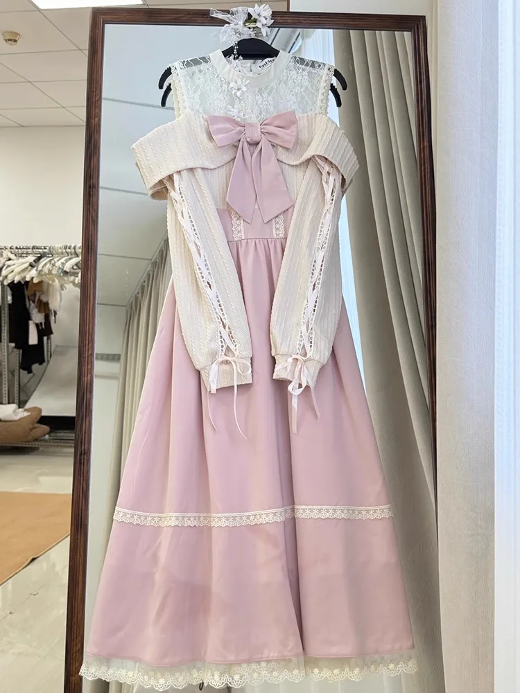 Japanische Elegante Süße Lolita Kleid Frauen Kawaii Bogen Spitze Pullover Patchwork Off-schulter Lange Kleider Y2k Party Prinzessin Kleider