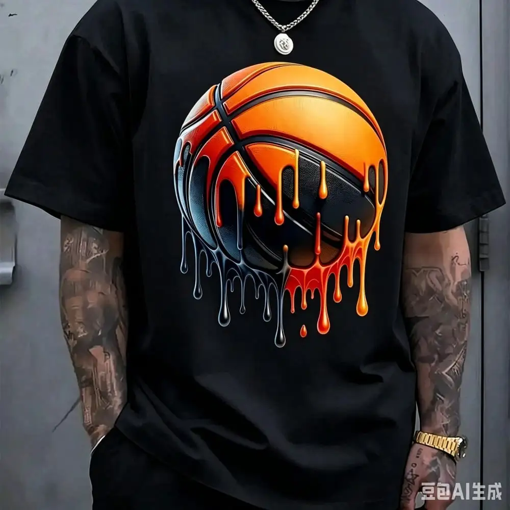 Melting Basketball Pattern Print Men's Crew Neck Short Sleeve T-Shirt Fashion Regular Fit T-Shirt Spring Summer Vacation