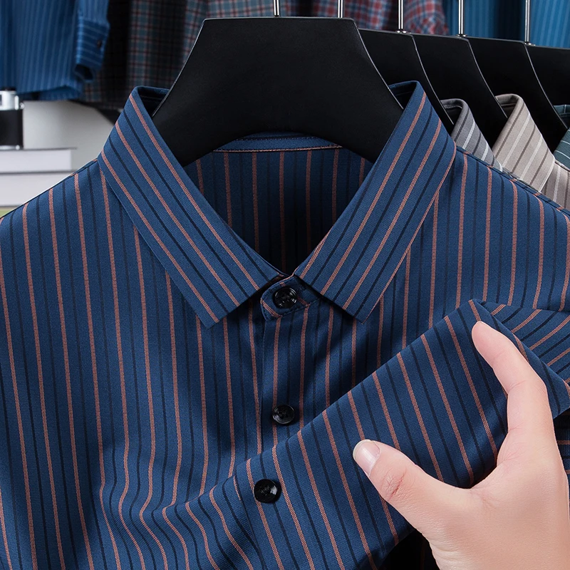 

Оригинальная брендовая мужская рубашка с длинным рукавом с лацканами, весна-осень, новая однотонная полосатая бесшовная роскошная деловая повседневная мужская одежда