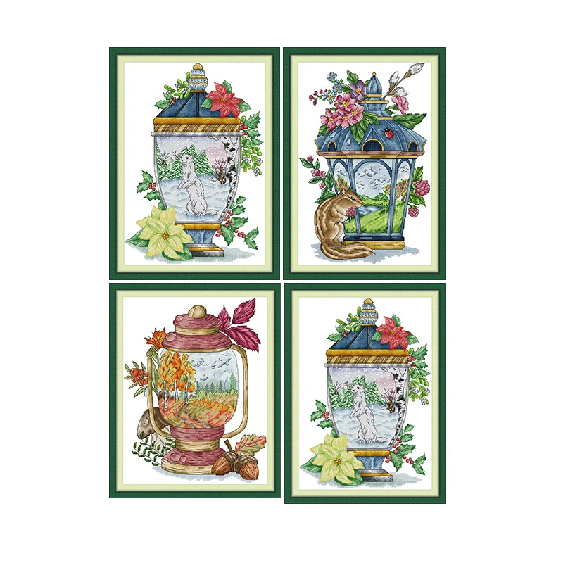 Four Seasons Lanterns Printed Canvas Cross Stitch DIY 16CT 14CT 11CT Embroidery Complete Kit DMC Threads Crafts Home Decoration