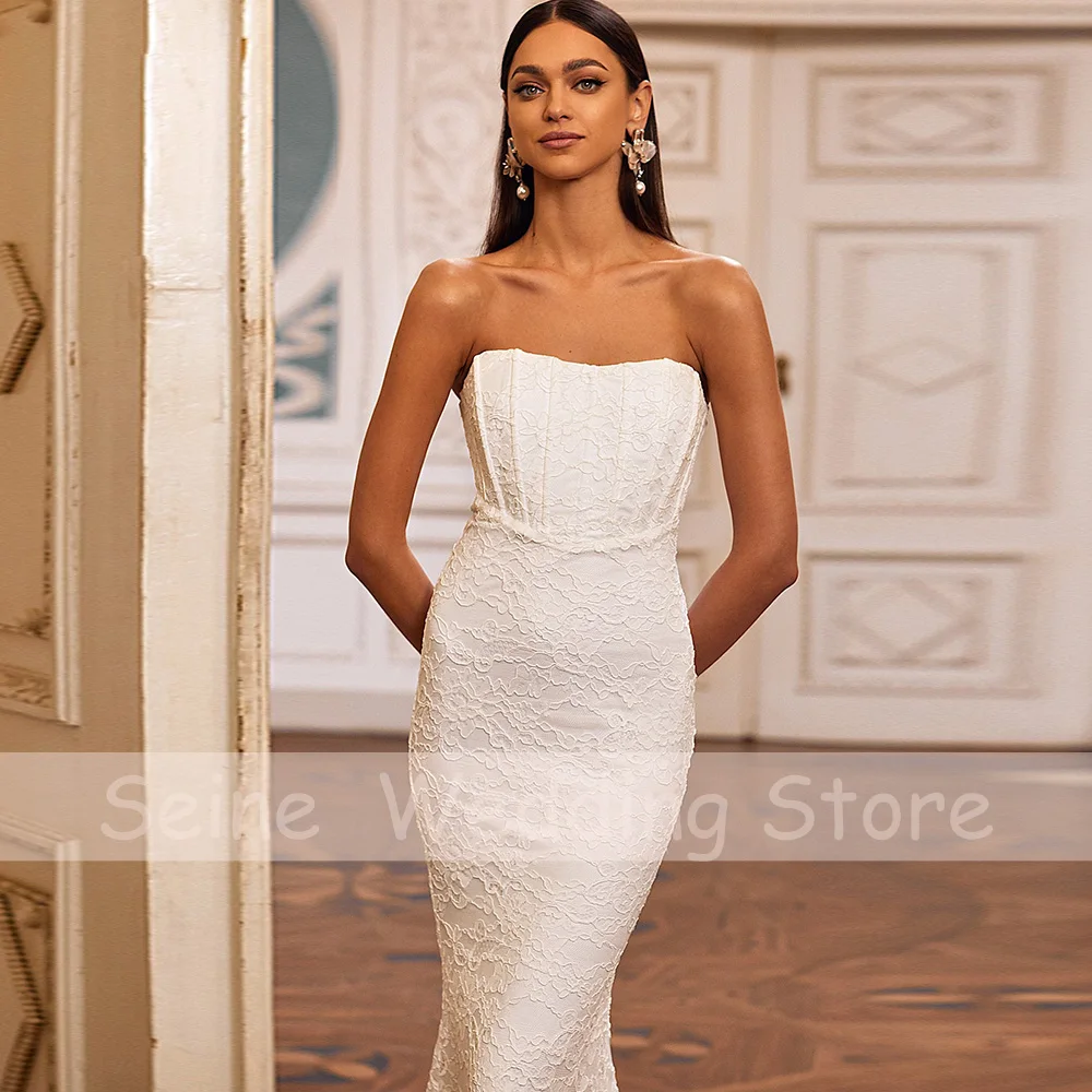 Kanten Trouwjurk Strapless Liefje Lange Eenvoudige Jurken 2022 Elegante Mouwloze Zeemeermin Bruid Robe De Mariee