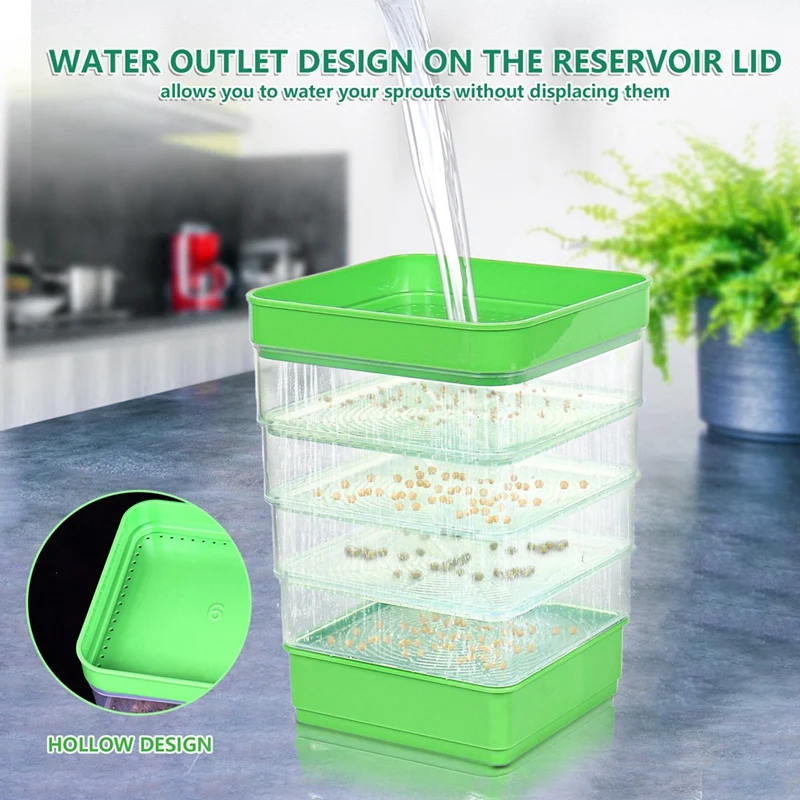 Bean Seed Germination Kit, Micro-Green Plant Growing Tray, Drain Tray, Four-Tier Stackable Sprout Growing Kit Durable