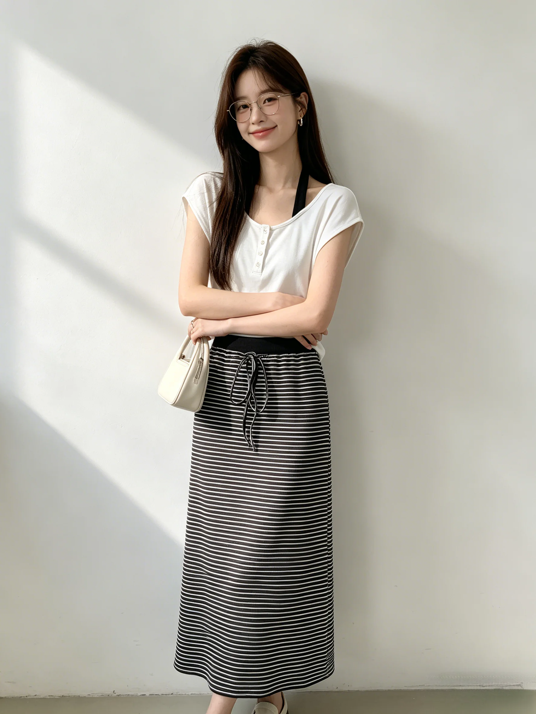 

Summer Casual Style Slimming Stripe T-Shirt Set Neck Hanging High Waist Skirt Breathable Lightweight round Neck Short Sleeve