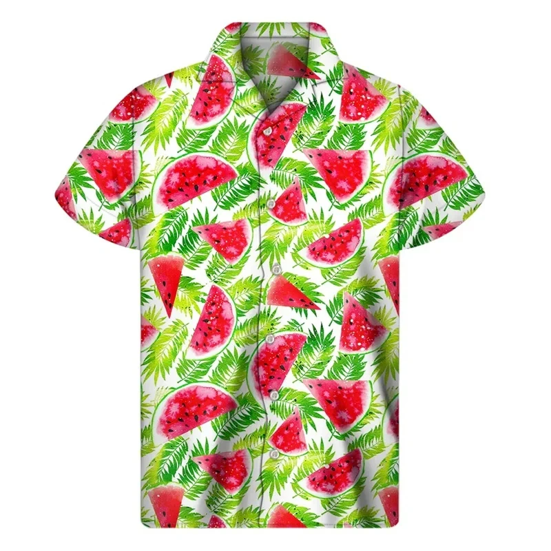 Camisa havaiana masculina de férias, roupas com impressão 3d, melancia, frutas, lapela, botão, moda casual, blusa de design listrado