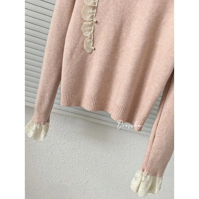 Frühling Neue Stil Spitze Stehkragen Pullover Koreanischen Stil Süße Perle Taste Schlank Bodenbildung Top für Frauen