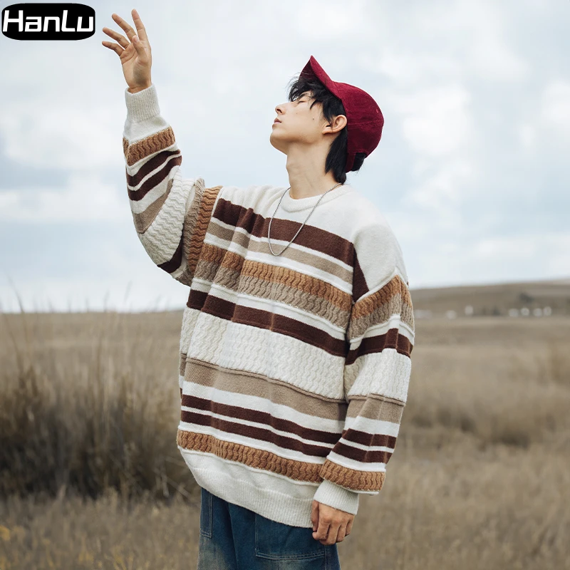 Men's Autumn and Winter New Round Neck Long Sleeve Sweater Women's Fashion Contrast Stripe Loose Relaxed Knitted Shirt Coat