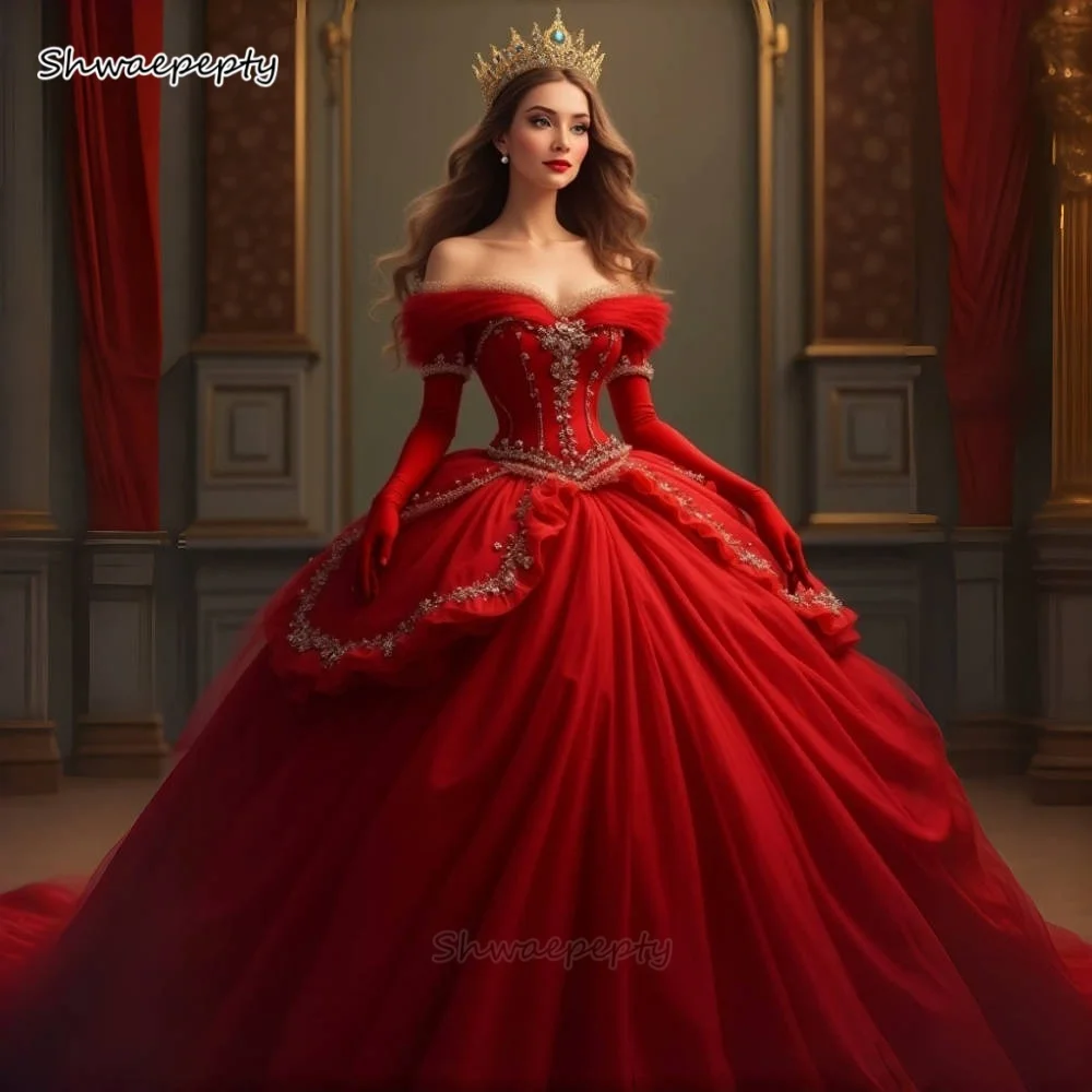 

Red Princess Quinceanera Dresses Off-Shoulder Rhinestones Beaded Ball Gown Prom 16 Dress Short Sleeves Customized