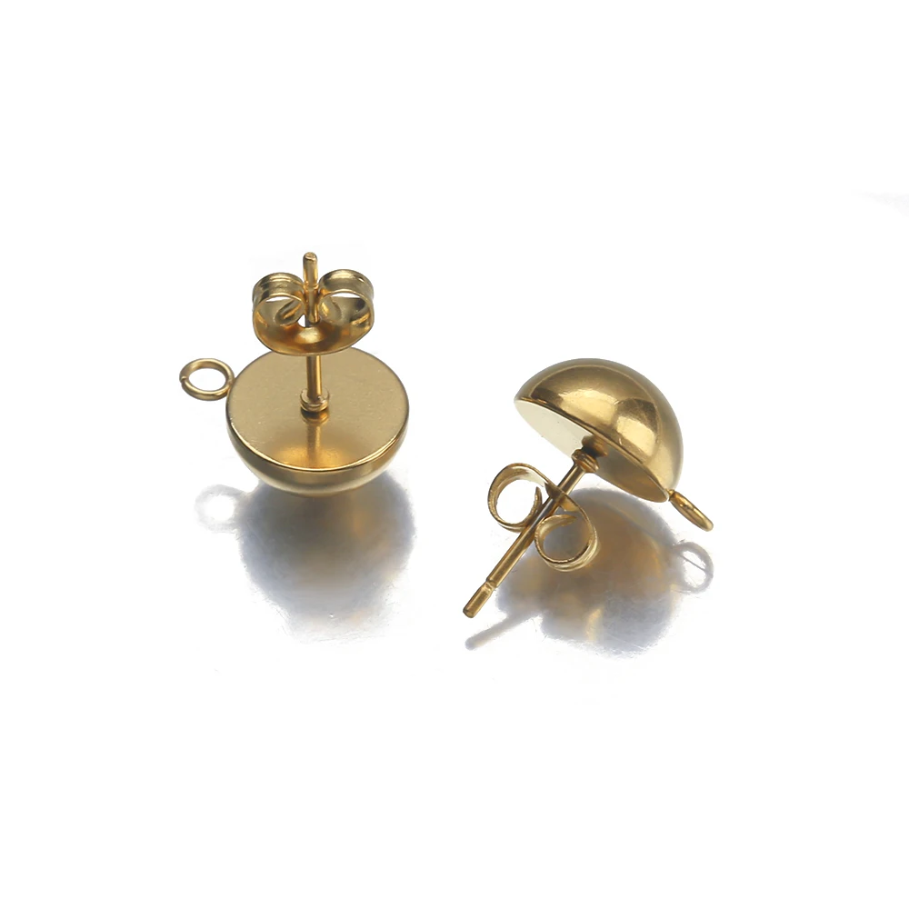 

10Pcs Stainless Steel 8 or 10mm Solid Half Round Ball Posts Earring Settings with Loop Gold Plated Stud Earrings For Diy Jewelry