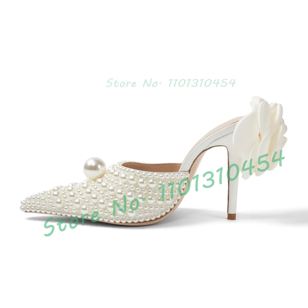 White Pearl Mules With Back Flower Women's Elegant Bridal Wedding High Heels Trending Shoes Ladies Party Pointed Toe Slippers