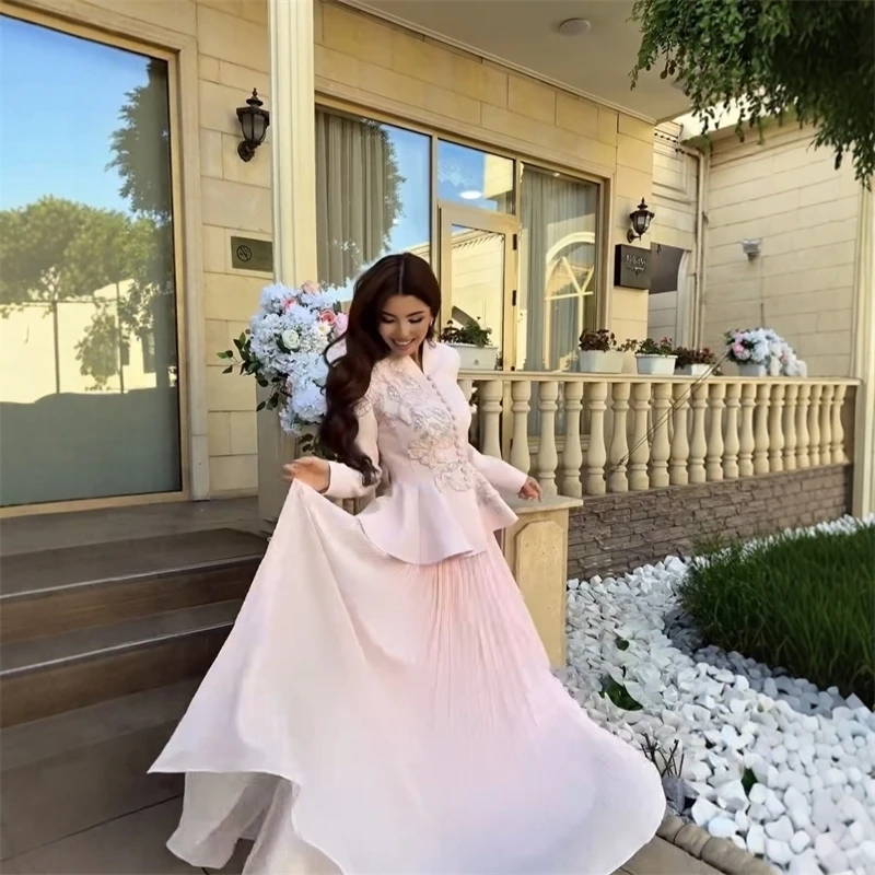 

Pink A-Line Wedding Guest Gown Elegant Embroidered Ball Gown With Front-Buttoned Pleated Ruffle Two-Piece Set Custom-Made