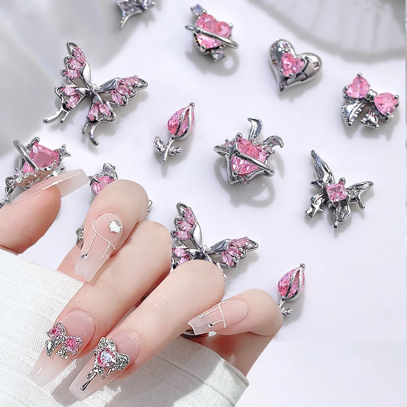 Manicure Metal Silver Pink Heart Butterfly Rhinestones Nail Decorations Star DIY Nail Art Charms Accessories Nail Supplies